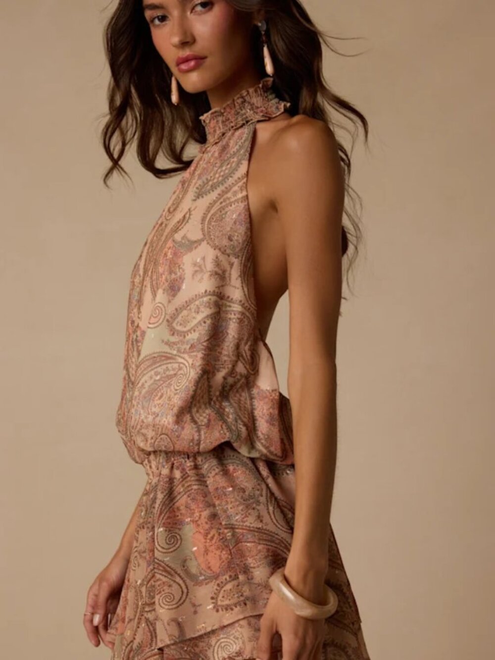 Jasmina Tan Multi Paisley Drop Waist Mini Dress
